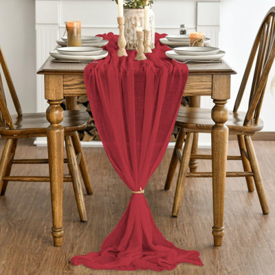 Boho Red Gauze Wedding Christmas Table Runner 300 cm, Seasonal Xmas Fabric Kitchen Dining Holiday Table Decor for Home Party Indoor | Valentine's Day Seasonal Bridal Fabric Kitchen Dining Holiday Table Decor for Home Party