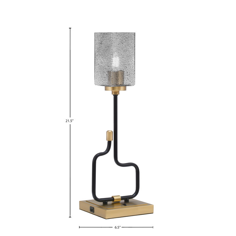 Lampe d'appoint Amarmula, avec ports USB, fini noir mat et laiton vieilli, verre bullé carré de 3,5 po, Doré
