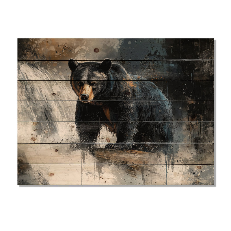 Ours à la cascade Edge II - Reproduction en bois d'ours - sur bois de pin naturel, H 10 po x l 20 po x P 0,78 po