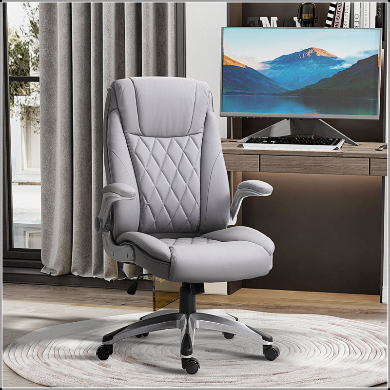 Chaise de bureau ergonomique pivotante à haut dossier et pivotante à 360 ° avec accoudoirs rabattables, chaise berçante de bureau d'ordinateur en similicuir, gris