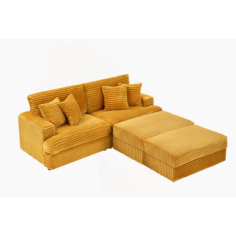 Canapé 88,58 pouces en velours côtelé orange avec pieds de rangement doubles et quatre coussins, aussi doux qu'un nuage, un canapé paresseux élégant convenant au salon et au bureau