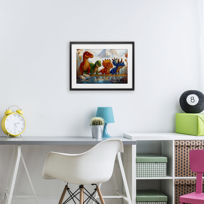 «Four Dinos By The Pond», reproduction sous verre encadrée, design par Wumples, 14" H x 20" W, Cadre noir minuit