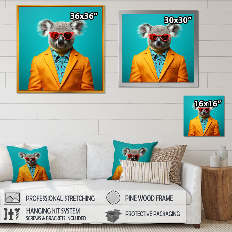 In suit Koala II - Koala, art mural animal, Cadre flottant noir, H 36 po x l 36 po x P 1,5 po