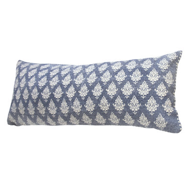 Blue/White Farmhouse Damask Hand-Woven Cotton Lumbar Pillow Cover