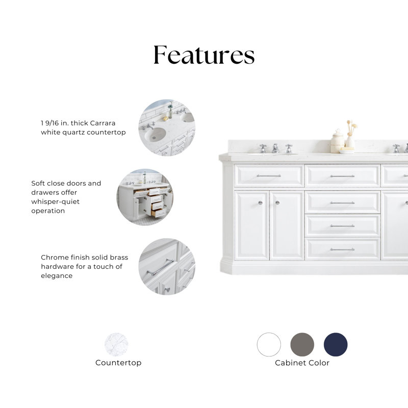 72" Palace Collection Quartz Carrara Cashmere Grey Bathroom Vanity Set With Hardware, Mirror in Chrome Finish, Pure White