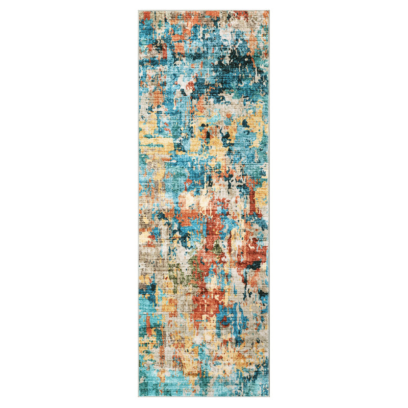 Washable Area Rug, Modern Abstract Low Pile Non-Slip Foldable Pearl Velvet Artistic Landscape Carpet, Multi-Color, 2'x6'