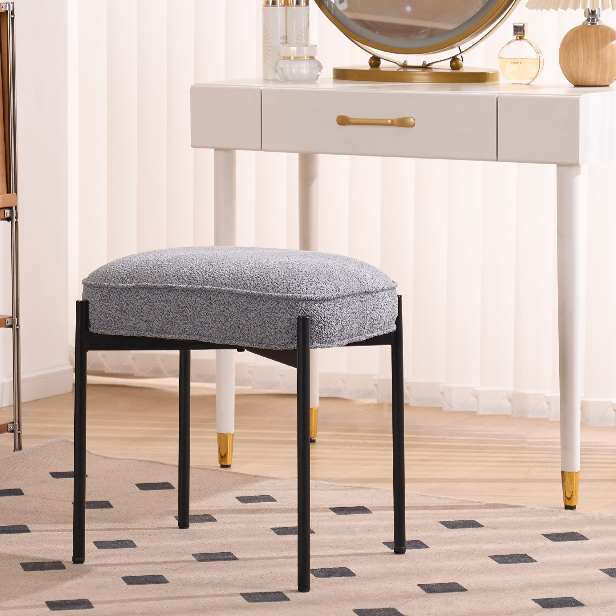 Romere Vanity Stool Fabric Upholstered Accent Stool Rectangle Makeup Stool Ottoman with Metal Legs Ebern Designs Seat Color: Light Gray