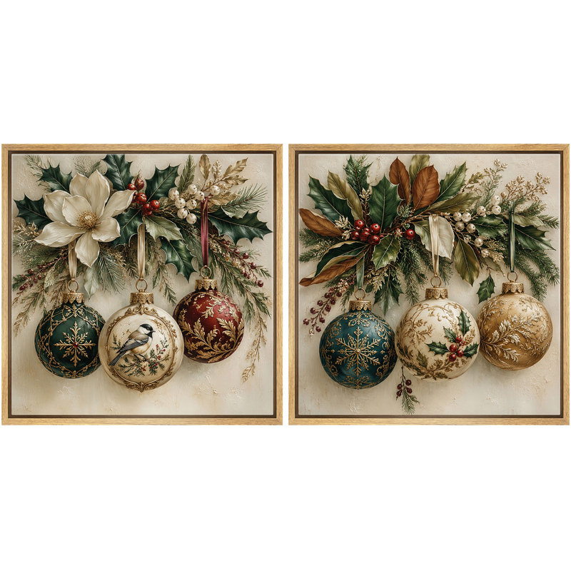 Ensemble de 2 reproductions d'art rustique des fêtes avec branches à feuilles persistantes et charme festif d'hiver encadré sur toile