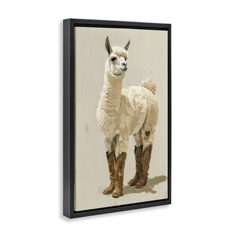 «Lamb & Cowboy bottes», toile encadrée brune par Petals Prints Design, H 25 po x l 17 po, Cadre flottant noir de jais