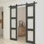Porte de grange coulissante double en verre trempé givré 3-Lite avec poignée-110987396-110987398