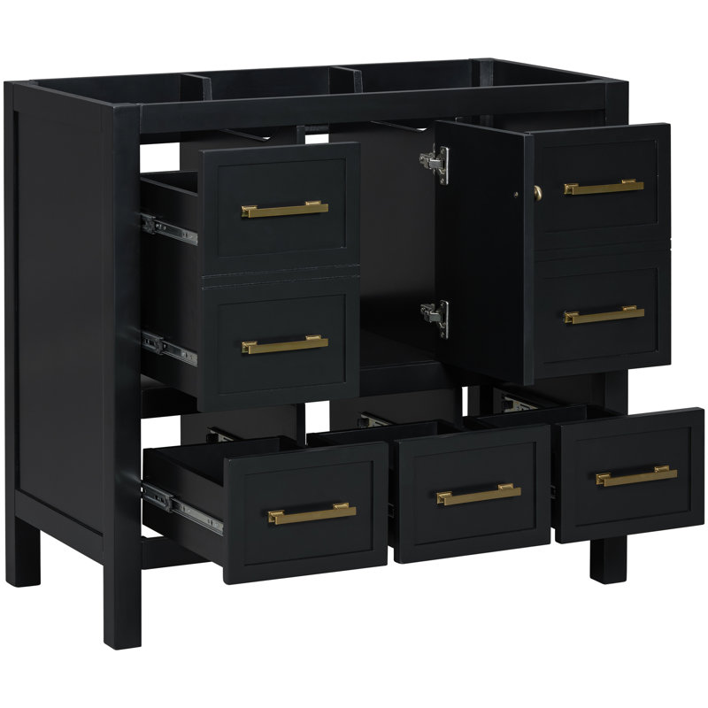 Meuble-lavabo 36 po 36 po en bois massif avec 5 tiroirs en métal et portes autoportantes noires, Noir