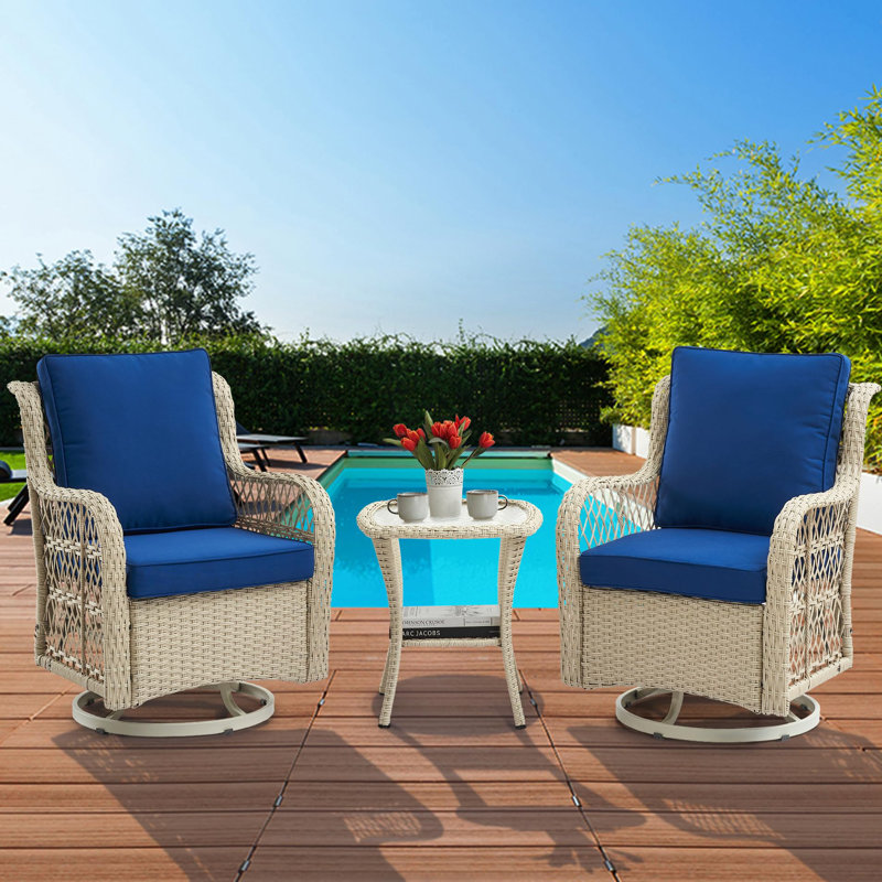 3 Pieces Outdoor Swivel Rocker Chair Set Of 2 With Small Side Table, 360-Degree Swivel Rocking Chair, Blue