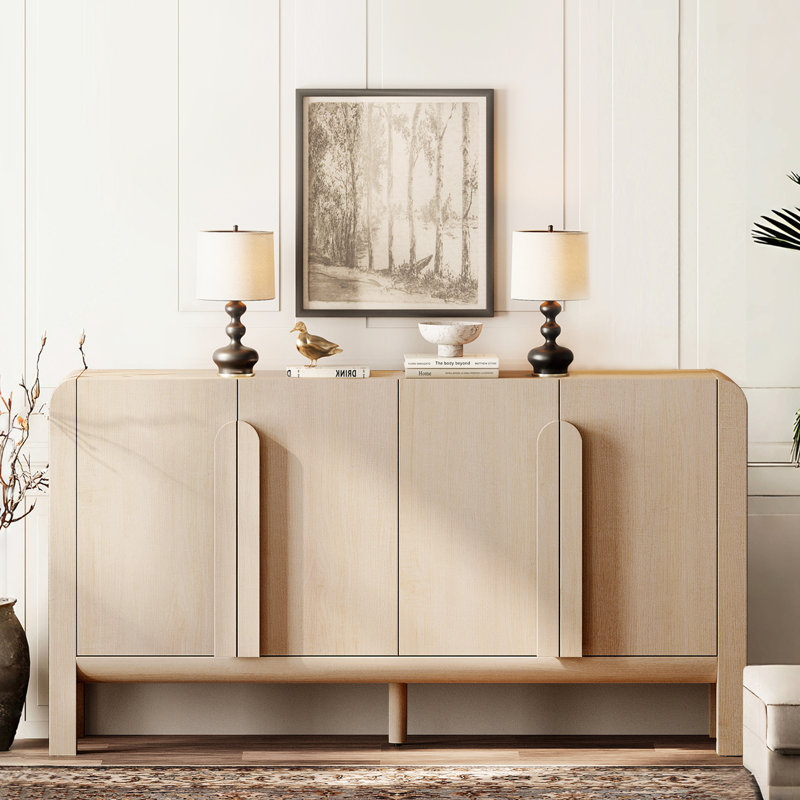 Adora 63" Accent Cabinet With 4 Doors And Adjustable Shelves, Modern Credenza Storage Cabinet With Curved Profile Design For Living Room, Kitchen, Dining Room, Hallway