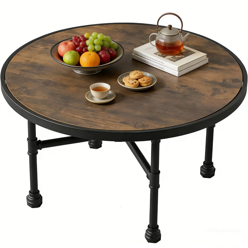 Table basse ronde industrielle, finition en bois rustique avec structure en métal robuste, table d'appoint moderne pour le salon, la chambre à coucher et le bureau (brun)