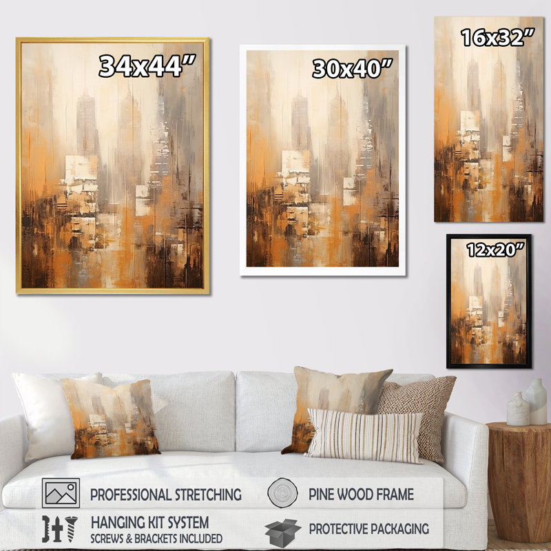 «Kaki Peach Skyscrapers City II», reproduction sur toile, Cadre simple noir, H 32 po x l 24 po x P 1 po