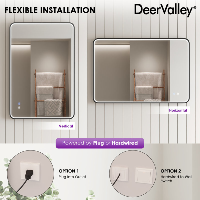 36'' W x 24'' H Smart Anti-Fog Bathroom Mirror with Side Lighting, Tri-Color Dimmable LED & Memory Function, IP44 Waterproof, Black Frame