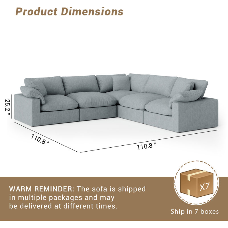 Upholstered 5 - Piece Cloud Sofa, Modular Sectional Sofa L-shaped Sofa for Living Room, Bedroom, Gray