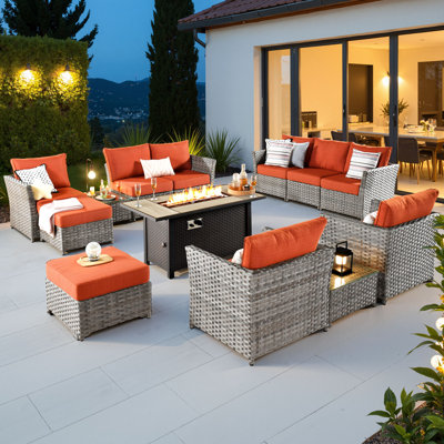 8 - Person No Assembly Required Outdoor Conversation Set,  Wicker Patio Seating Group with Cushions, All Weather Sectional Sofa Set with Fire Pit for Garden, Backyard
