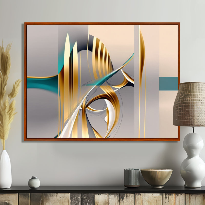 «Minimal Gold Abstraction On Turquoise Horizon I», art mural fractales, H 12 po x l 20 po x P 1 po, Brown Floater Framed