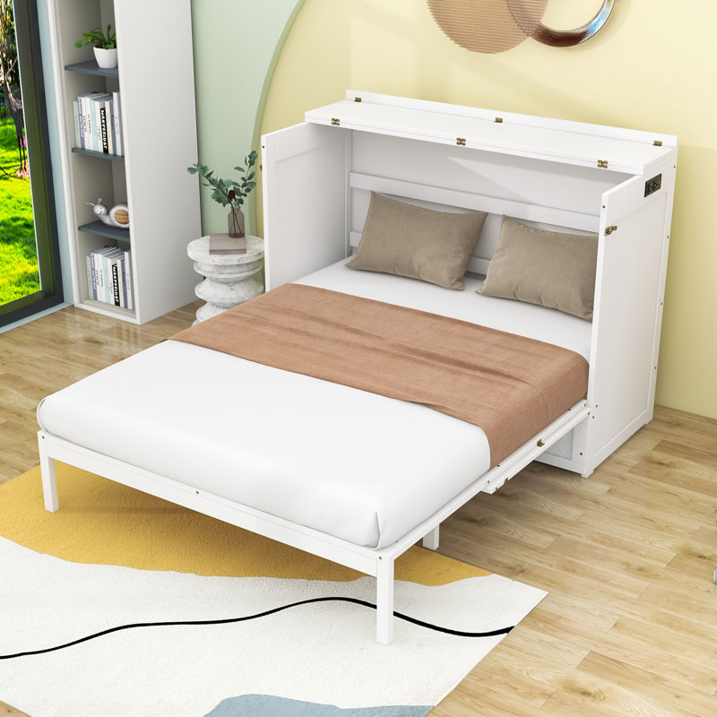Lit escamotable en bois avec tiroir et prises de courant et ports USB, Grand, Blanc