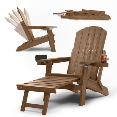Folding Adirondack Chair Outdoor HIPS Adjustable Adirondack Chair with Footrest and 2 Cup Holder 5-Level Adjustable Patio Chair for Lawn, Poolside, Patio, Teak
