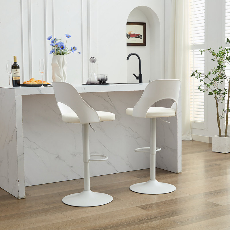 Bar Stools Set of 2 Modern White PU Counter Height Barstool, High Padded Swivel Adjustable Barstools with Back for Bar Counter and Kitchen Island