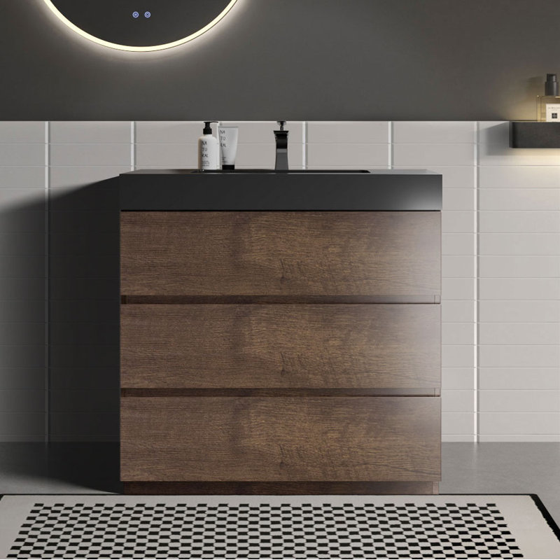 Meuble-lavabo sur pied simple Deandrick, Noyer, Noir mat, 36"
