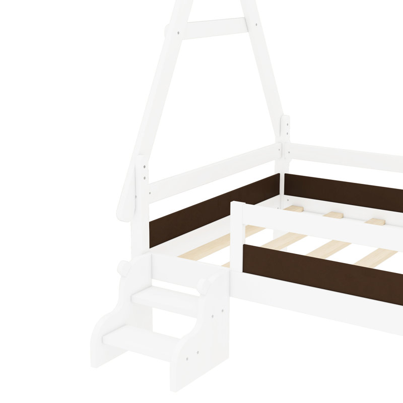 Lit plateforme simple blanc avec escalier, bois massif pour la durabilité et la stabilité, conception à profil bas, finition naturelle Une chambre à coucher élégante en blanc, profil de cadre, plaisir ajouté aux escaliers, esthétique
