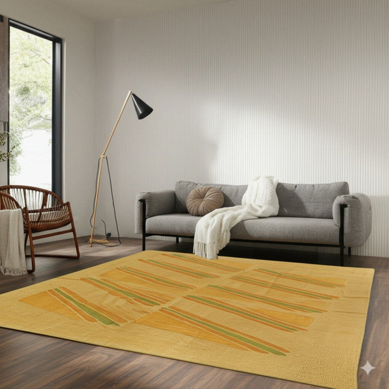 6x8 Ivory Flat Weave Wool Striped Block Motif Geometric Modern Contemporary Carpet Rug