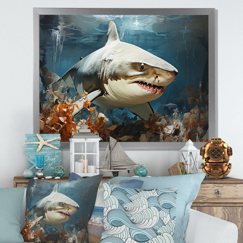 Minimalisme, chasse aux requins sur toile, Cadre photo argenté, H 34 po x l 44 po x P 1,5 po