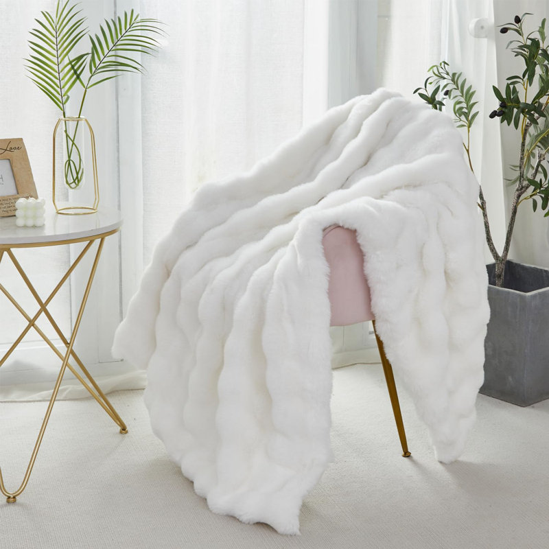 Jeté extra doux en fausse fourrure, jeté épais et chaud pour canapé-lit, fausse fourrure de lapin et flanelle, Blanc
