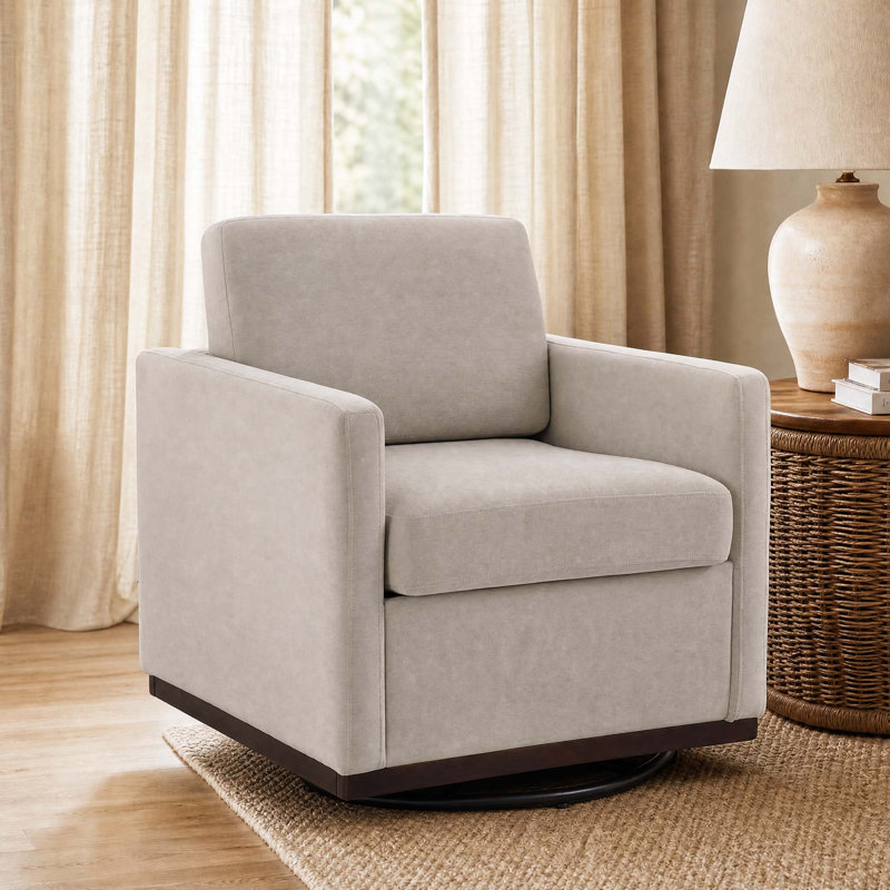 Modern Upholstered Sand Square Swivel Armchair with Matel Base, Sand Chenille