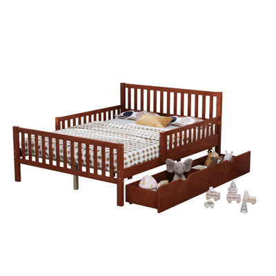 Full Size Wood Platform Bed, Walnut, With Guardrails On Both Ends And Two Storage Drawers, Lightweight , 8 Solid Slats Appearance, Evenly Spaced For Stability