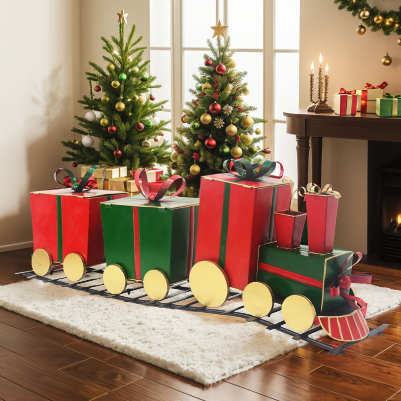 Décor de train festif en fer avec des chariots en forme de cadeau
