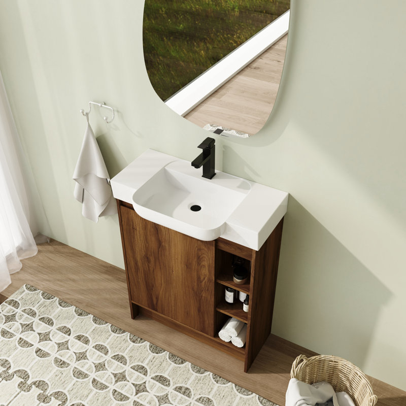 28'' Freestanding Single Bathroom Vanity with Ceramic Top and Soft-Close Doors, Brown Ebony