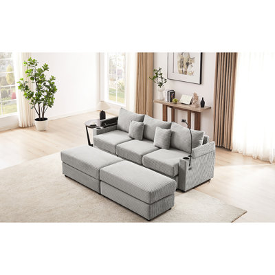 Grey Corduroy With Two Movable Ottomans, Ports, Cup Holders, Phone Holder And Removable Cushions For Relaxing At Home Pinwale 3 - Seater Holders Thick Seat Cozy Reception Area