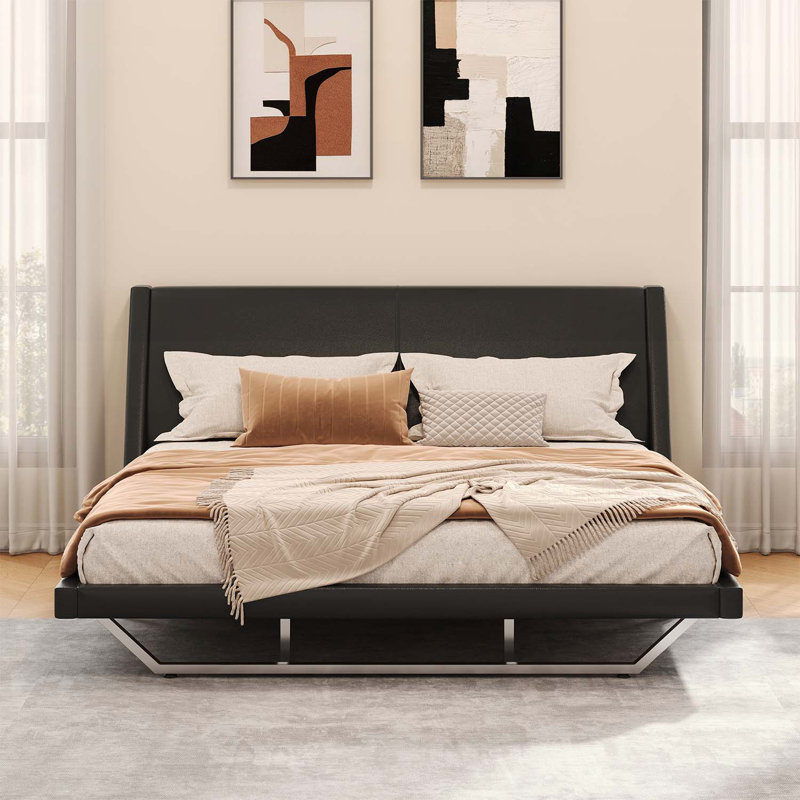 Upholstered Platform Bed with Wave-Like Curve and Trapezoidal Legs,No Box Spring Needed, Black, King
