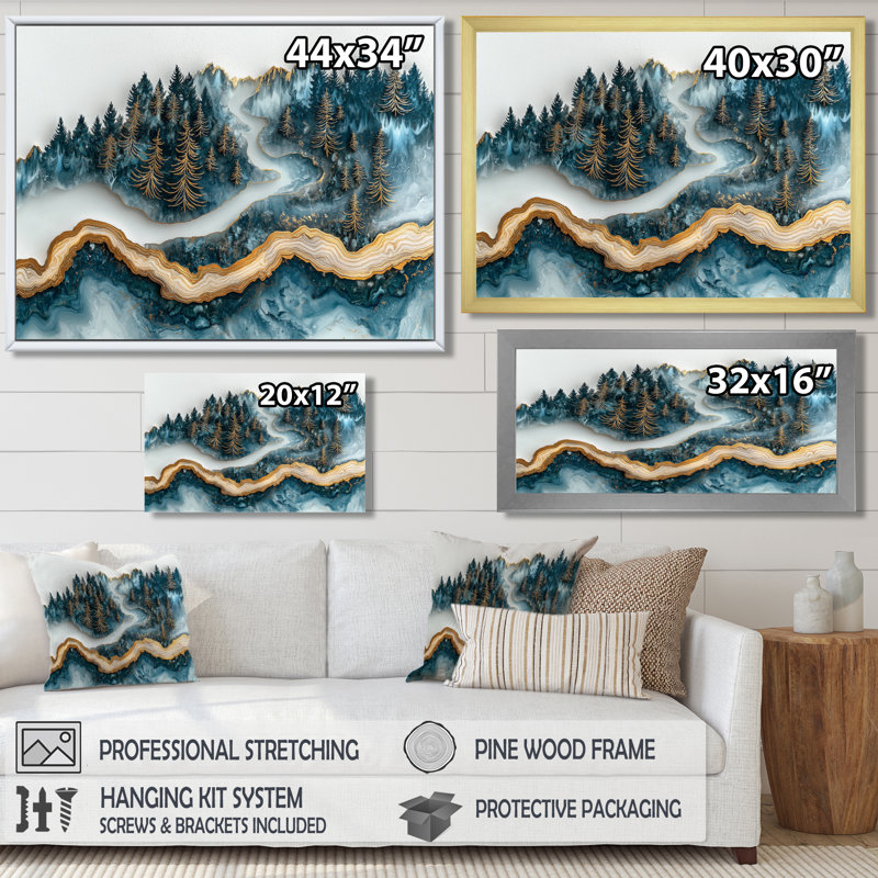 Forêt d'hiver, paysage avec rivière en cristal III - forêt, art mural, Cadre simple, Noir, H 12 po x l 20 po