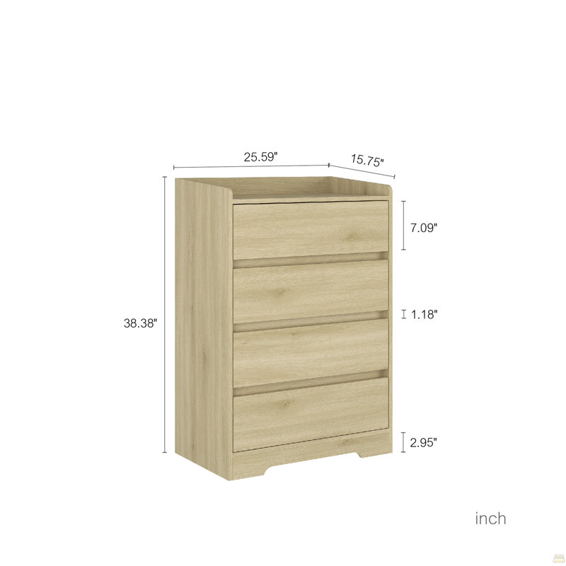 Commode 4 tiroirs, commode sans poignée, Marron clair