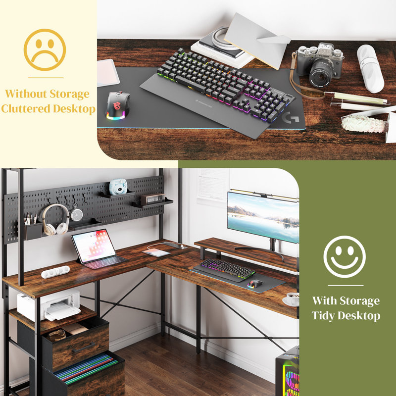 Brown/Black L-Shaped Gaming Desk with Power Outlets and Drawers