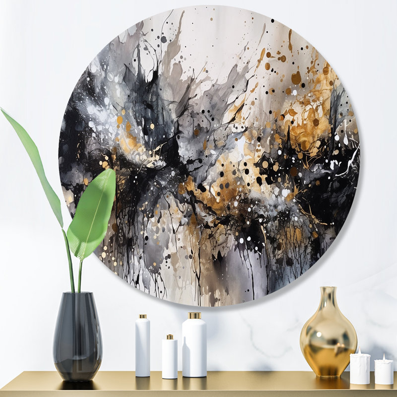 Grey Gold Delicate Abstract Brushstrokes III - Abstract Marble Round Wall Art on Metal, 16" H x 16" W x 1" D