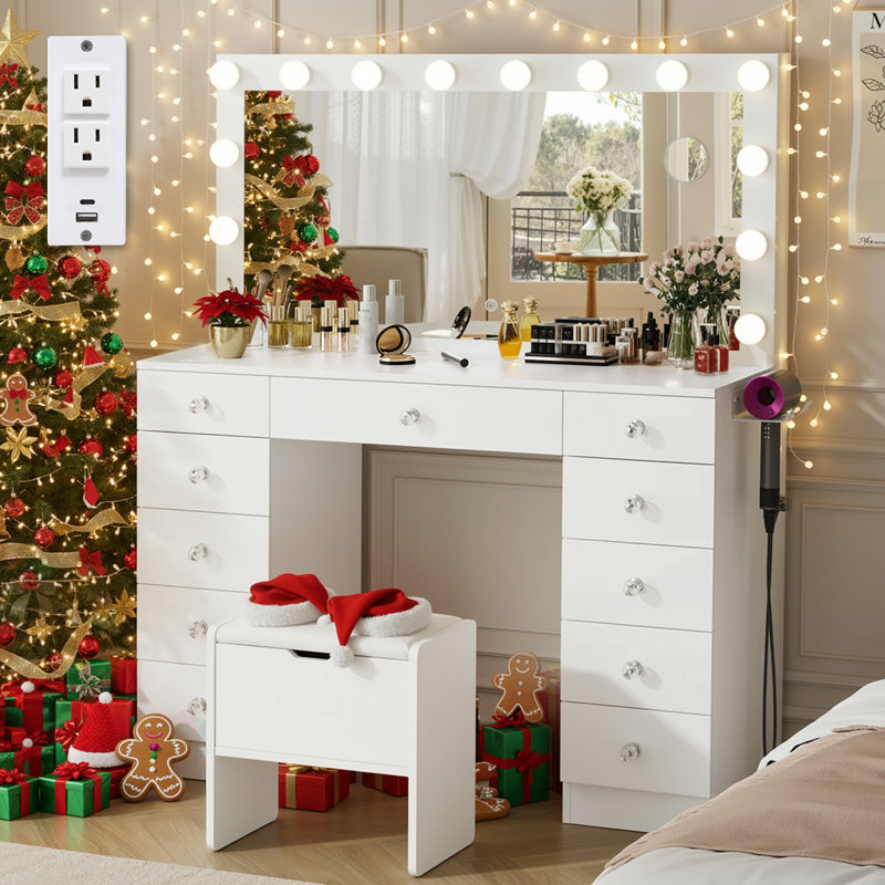​​Greyden Makeup Vanity Set with 11 Drawers and Outlets, Dresser with 10X Magnifying Mirror for Bedroom, White
