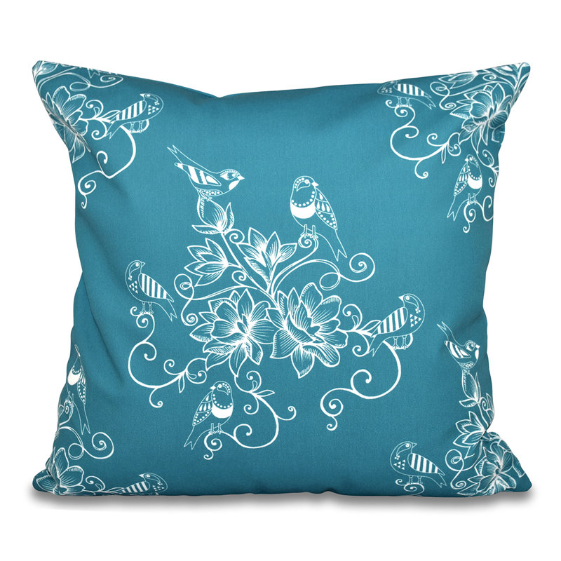Housse et insert d'oreiller à imprimé floral Botanical Blooms Morning Birds, H 16 po x l 16 po, Bleu sarcelle