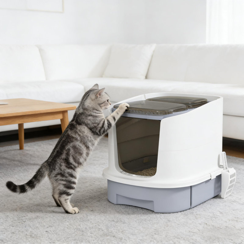 Bac à litière pour chat facile à nettoyer, conception fermée pour l'intimité et le contrôle des odeurs, double entrée avec sortie anti-traçage supérieure, tiroir coulissant et pelle incluse. Pour les chats de moins de 10 lb, aucun assemblage.
