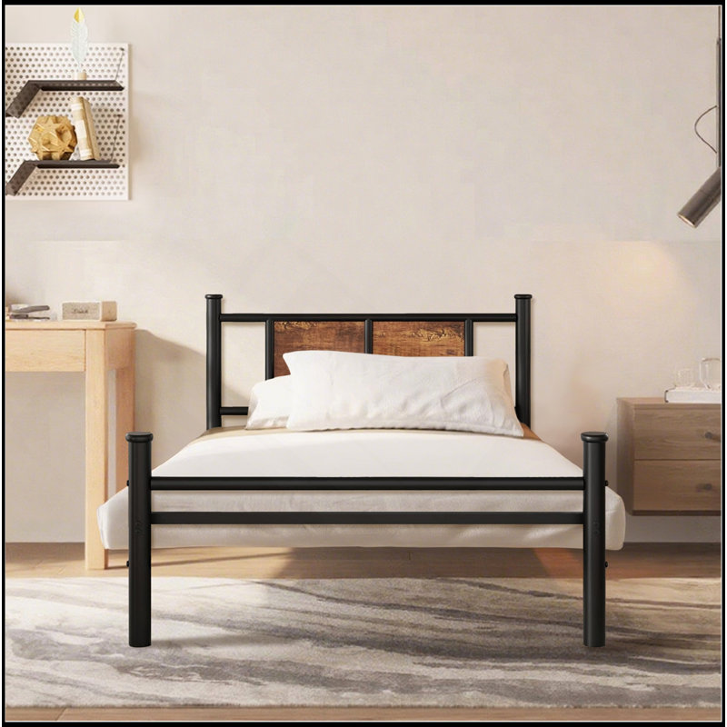 Structure de lit simple avec tête et pied de lit en bois, support de lattes en métal robuste pour plateforme de lit simple, aucun sommier requis, assemblage facile