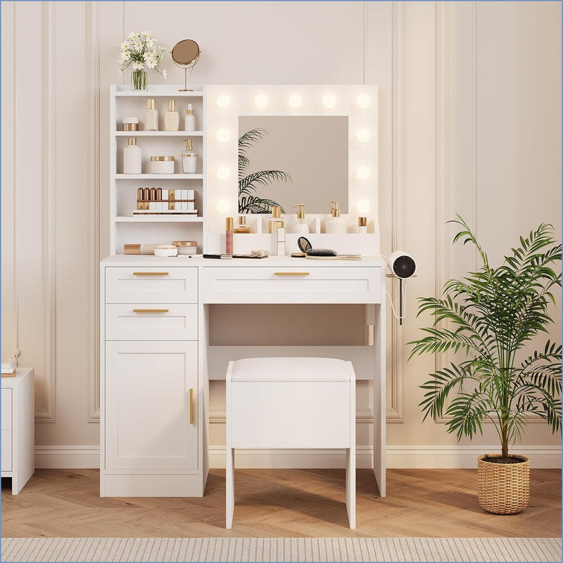 Vanity Desk with Mirror and Lights, Makeup Vanity Set with Drawers & Cabinet & Chair, 3 Light Mode and Brightness Adjusted & Power Outlet, Dressing Table with Hairdryer Holder for Bedroom