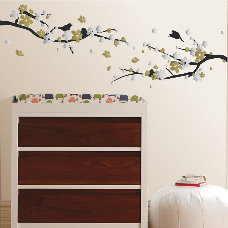Décalcomanie murale petites fleurs de cerisier, Noir / Argent / Or, H 20 po x l 24 po x P 0,01 po