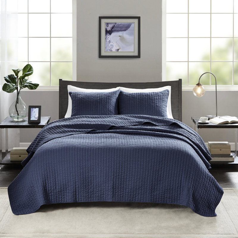 Full/queen Navy 3 Piece Quilt - Microfiber, Cotton Fill, Reversible, Improves Bedding Hygiene And Appearance Reversible For Enhances Durability