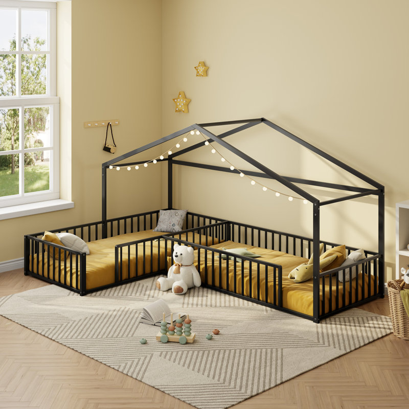 Double Twin Size L-Shaped Montessori Bed, Metal Corner House Bed Frame with Fence, Ideal for Safe and Comfortable Sleep for Two Kids