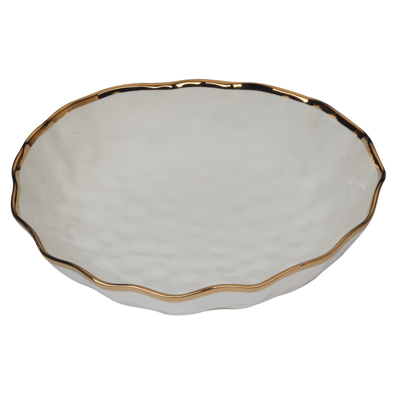 Gold Rimmed White Ceramic Serving Bowl, 13-inch